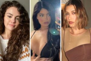 fotomontagem de retratos de selena gomez, kylie jenner e hailey bieber