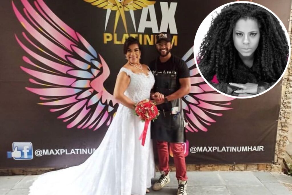 Fotomontagem com Márcio Xavier, noiva e destaque para a ex-BBB Janaína