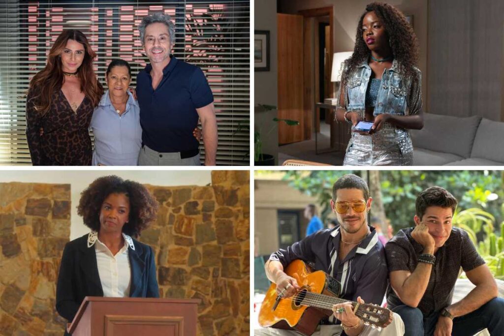 fotomontagem de helo (giobanna antonelli), creusa (luci pereira), stenio (alexandre nero) em travessia, kate (clara moneke) em vai na fé, pastora dagmar (heloisa jorge) em vai na fé e lui lorenzo (josé loreto) e willian (diego montez) em vai na fé