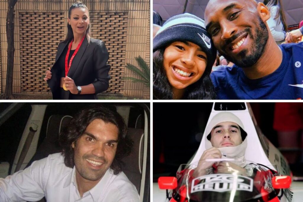 Fotomontagem de Walewska Oliveira, Kobe Bryant, Fernandão e Ayrton Senna